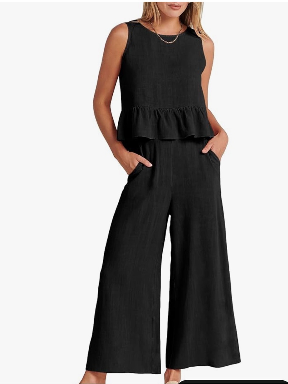 Prinbara Women's Black 2 Piece Sleeveless Linen Crop Tank Top w/ Wide
Leg Pants